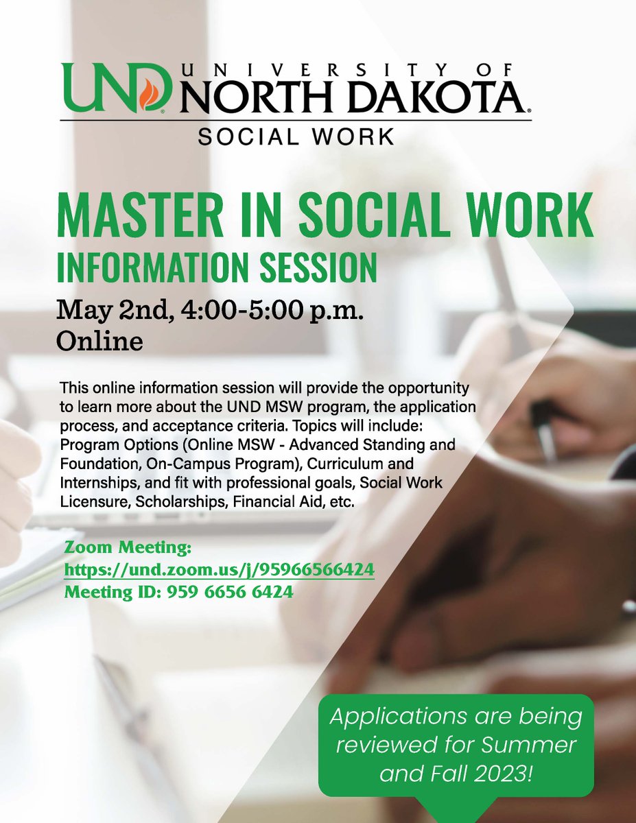 Please join us today for an informational session regarding our MSW Campus and Online programs:
und.zoom.us/j/95966566424