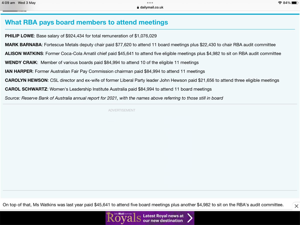LNPTHIEVES's tweet photo. Actually Philip Lowe might be correct about wages causing problems in Australia. Here’s what the RBA board earns for their meetings. #auspol https://t.co/13nfoMnncU