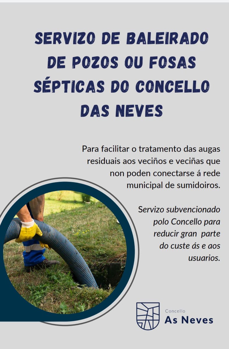 Non o esquezas‼️
🚜 Está en marcha o Servizo Municipal de Baleirado de Pozos ou Fosas Sépticas 👇