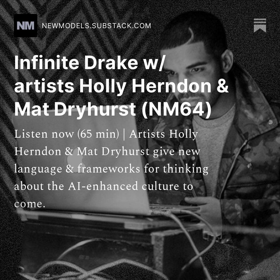 🔉NM64 | Infinite Drake w/ artists <a href="/hollyherndon/">Holly Herndon</a> &amp; <a href="/matdryhurst/">Mat Dryhurst</a> of <a href="/1nterdependence/">Interdependence</a> <a href="/hollyplus_/">Holly+</a> <a href="/spawning_/">Spawning</a> 

On new baselines for Art, the future terms of IP, and deeper horizons of identity.

Patreon: patreon.com/posts/infinite… &amp; S*bst*ck: shorturl.at/ipBKL