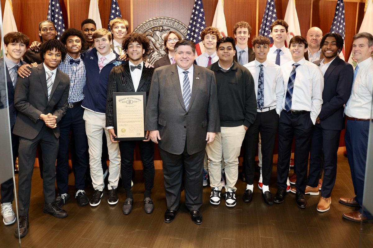 GovPritzker's tweet photo. Give it up for our state champions, DePaul Prep! It was an honor to meet the team that won the first basketball state title in their school’s history. https://t.co/n8JCF2tsVZ