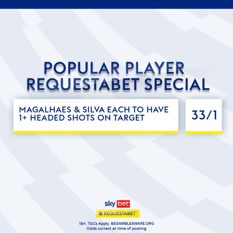 RequestABet's tweet photo. Gabriel Magalhães has had 1 headed shot on target in his last 5 #PL games 🎯

Silva has had 2 headed shots on target in his last 5 PL games 🎯

Check out this 33/1 on site now along with a whole range of #RequestABets 👇