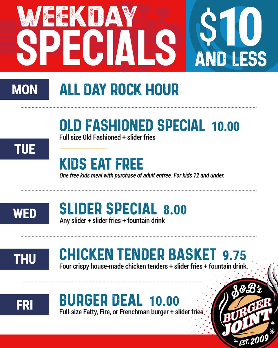 New weekday specials at the Joint: $10 &amp; under!

Tuesday: 2X THE SPECIALS

OLD FASHIONED SPECIAL 10.00
Full size Old Fashioned + slider fries

KIDS EAT FREE
One free kids meal with purchase of adult entree. For kids 12 and under.
