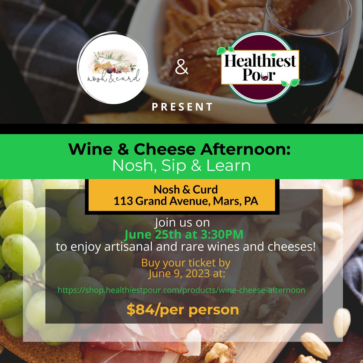 HealthiestPour's tweet photo. Join us at Nosh &amp; Curd June 25th. Danielle's got the yummiest #cheese and we'll have some accompanying, oh-so-tasty #wine #winesips 

Get your ticket:
https://t.co/wqPZPk5H8j

Mars, Pennsylvania #wineandcheese https://t.co/qXCvpfBWcM