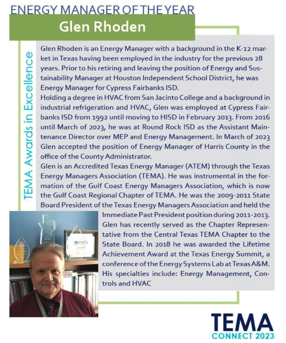 HarrisCountyOCA's tweet photo. Texas Energy Managers Association (TEMA) Conference last week in Corpus Christi - honored OCA's very own, Glen Rhonden as Energy Manager of the Year! Congrats to Glen! Well deserved! #tema #energymanager #harriscounty #HCGreen https://t.co/P9HjlsaLxt