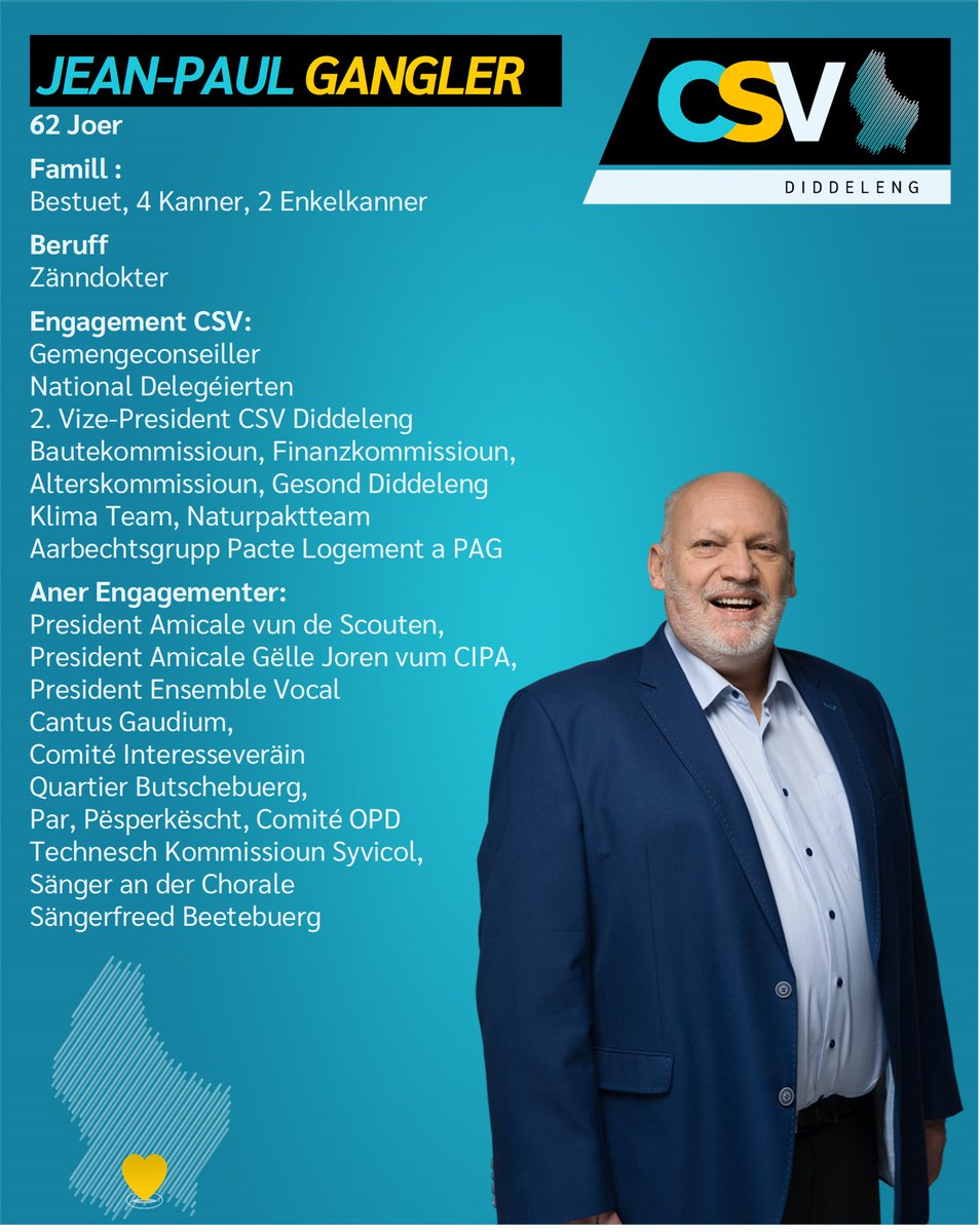 CSVDiddeleng's tweet photo. Haut stellen mir iech den Jean-Paul GANGLER vir. Mat engem verantwortlechen Message!
MÉI NO. MÉI DIDDELENG. MÉI BEWEEGEN.
#csvdiddeleng #gemengenwalen2023 #echkawielen #jepeuxvoter #ichkannwaehlen #icanvote https://t.co/nyZLc4isM7