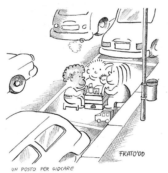 Que importen más los espacios para el juego y desarrollo de nuestras infancias que los lugares para estacionarse.
Dibujo de Francesco Tonucci.