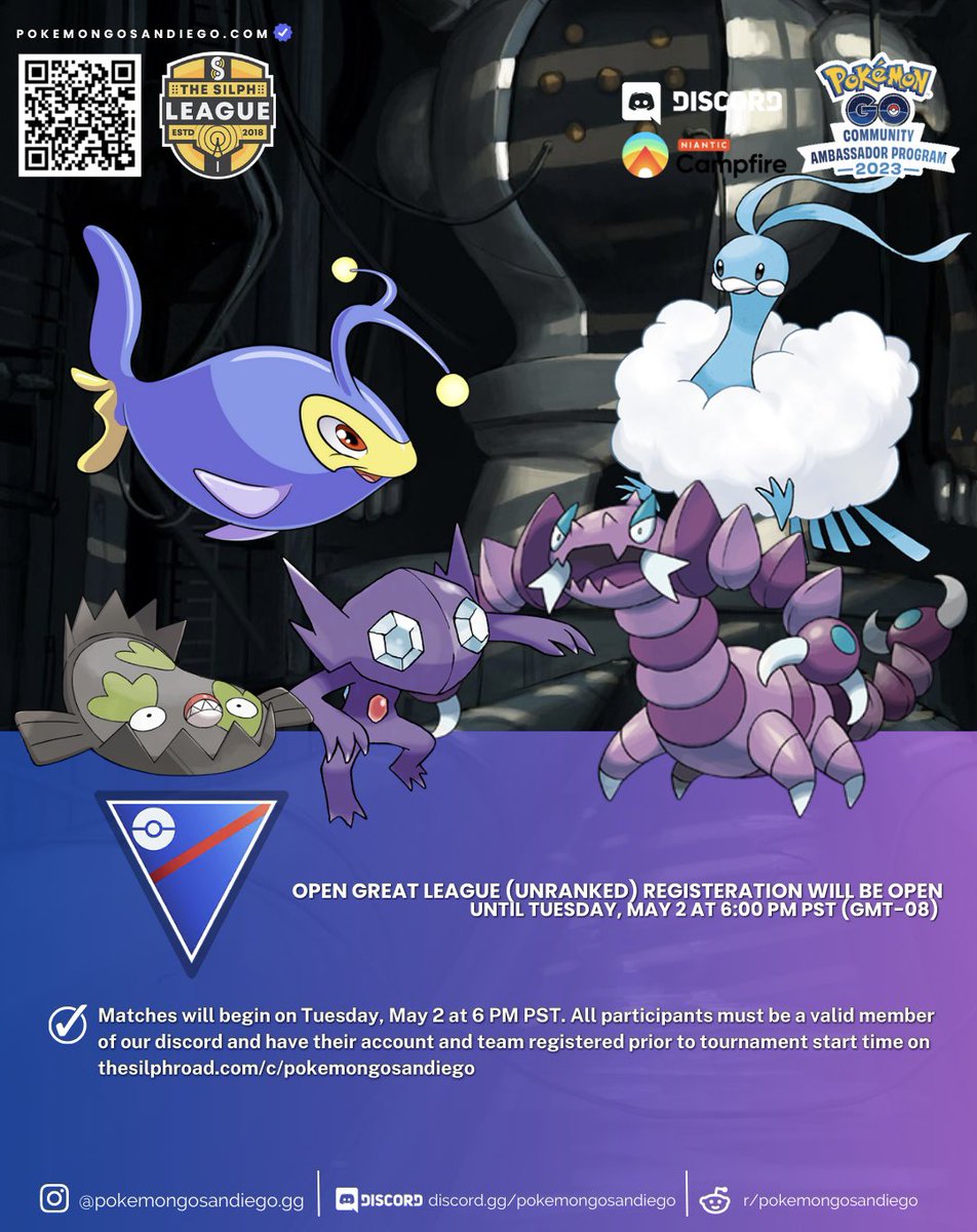 pkmongosandiego's tweet photo. Here’s your last chance to register for our Open Great League (Unranked) for new trainers!

The tournament will start at 6 PM PST today. More details below.

https://t.co/82LBf7EynG 👈

#pokemongo #pokemon #pogo #sandiego #silphroad #gbl #greatleague #pvp #meta #tournament https://t.co/aIv7iJZsWO