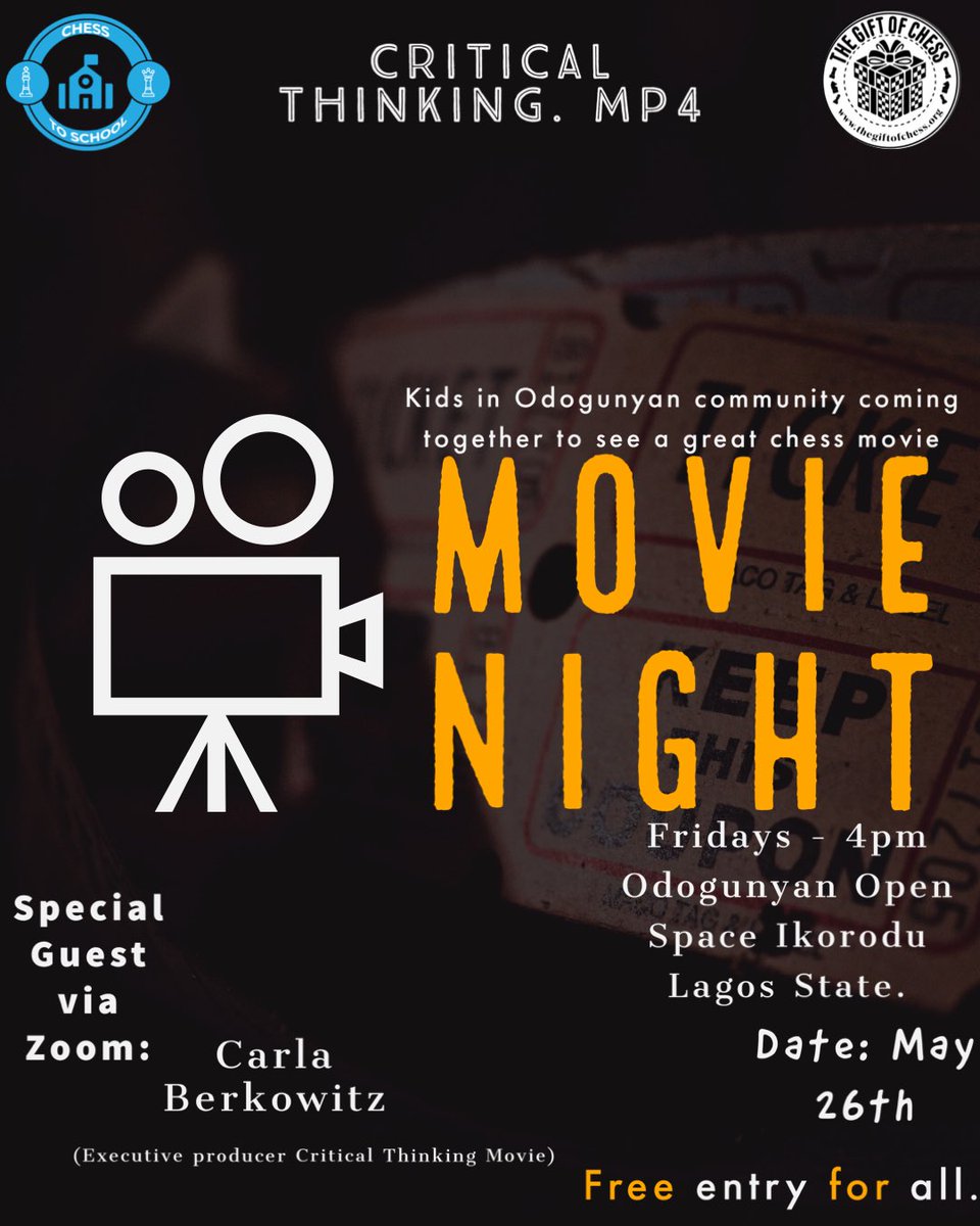 The movie night show will host great guests and the kids will be so delighted to welcome them. Thanks <a href="/thegiftofchess/">The Gift of Chess</a> <a href="/Tunde_OD/">Tunde Onakoya</a> <a href="/CT_themovie/">Critical Thinking Movie</a> <a href="/CarlaBerkowitz/">Carla B.</a> <a href="/_CorwinTuggles_/">Corwin Tuggles</a> 
We are honoured to announce our guests. You can do great things from a small place.