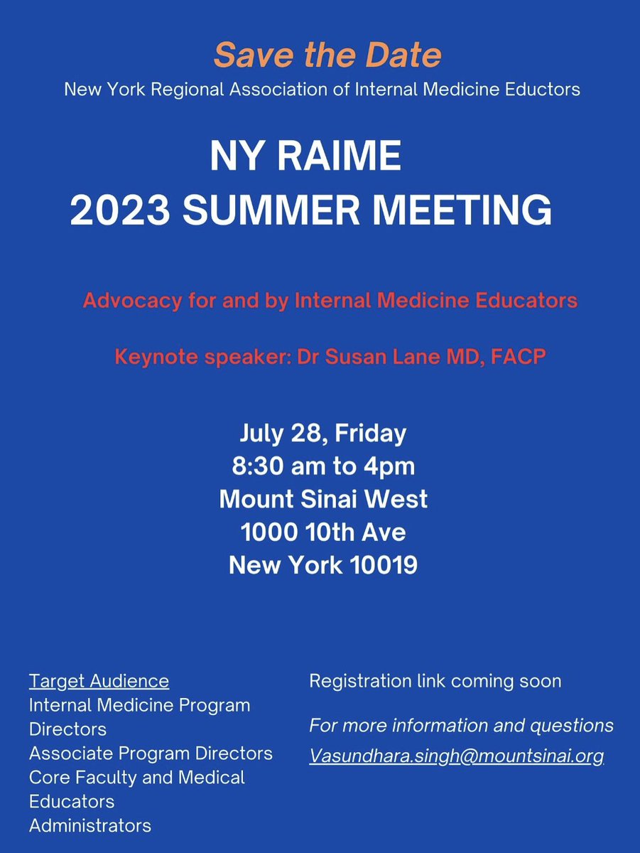New York Internal Medicine Educators we are looking forward to seeing you in NYC on Friday, July 28
<a href="/SeeFisch/">Conrad Fischer</a> <a href="/KarenFriedman9/">Karen Friedman MD MS</a> <a href="/ethanfried/">Ethan Fried,MD,MACP</a>