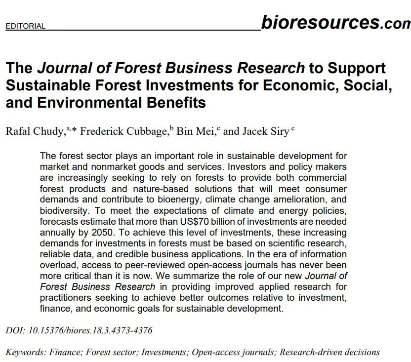 BioResJournal's tweet photo. Read our latest #editorial: The Journal of Forest Business Research to Support Sustainable Forest Investments for Economic, Social, and #Environmental Benefits.
https://t.co/FiRk4NsTe1
#BioResJournal #openaccess #forestsector #sustainabledevelopment #forests #forestbusiness https://t.co/MH07EN1mNh