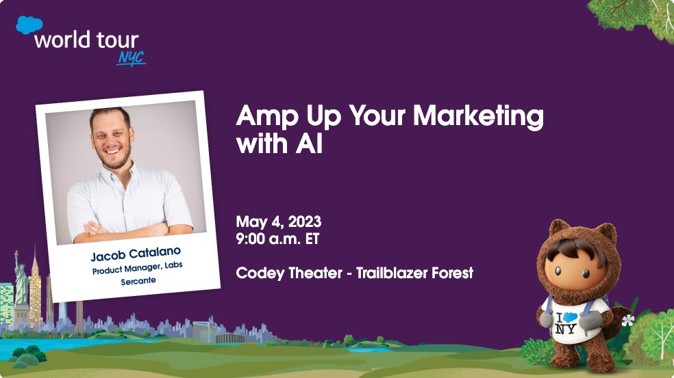 Will you be at the World Tour in NYC later this week? Join me at the Javits Center to learn about using Einstein AI with Sales and Marketing Cloud! Don't forget to stop by the Joint Happy Hour with Sercante and Formstack after World Tour! #SalesforceTour #MarketingCloud