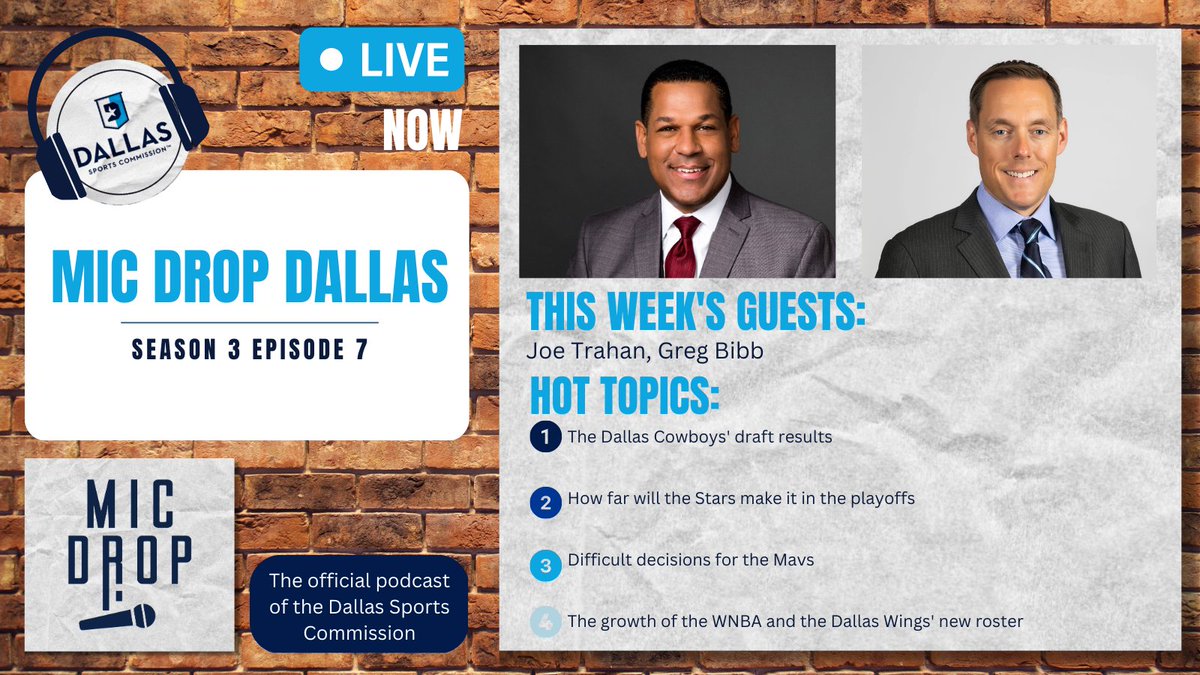 dallas_sports's tweet photo. 🥳Surprise! S3E7 of #MicDropDallas dropped early.🎤Check out @JoeTrahan and @greg_bibb as they talk all things:

🏈 @dallascowboys draft
🏒 @DallasStars playoffs
🗑️ @dallasmavs decisions
🏀 @DallasWings season

Stream: https://t.co/oqfkoZsM9W
Watch: https://t.co/FgM6kvgx2R https://t.co/IsBlPTmMbI