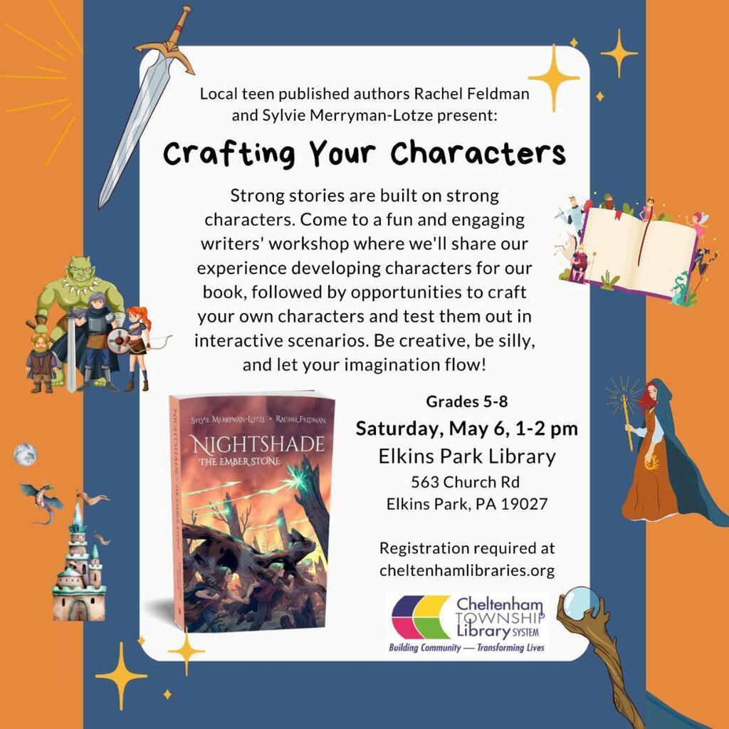 Local teen authors Rachel Feldman and CSD's own Sylvie Merryman-Lotze present "Crafting Your Characters Workshop" in collaboration with Cheltenham Libraries. The event will be held at the Elkins Park Library and is open to children in grades 5-8. instagr.am/p/Crv8vWFLSVT/