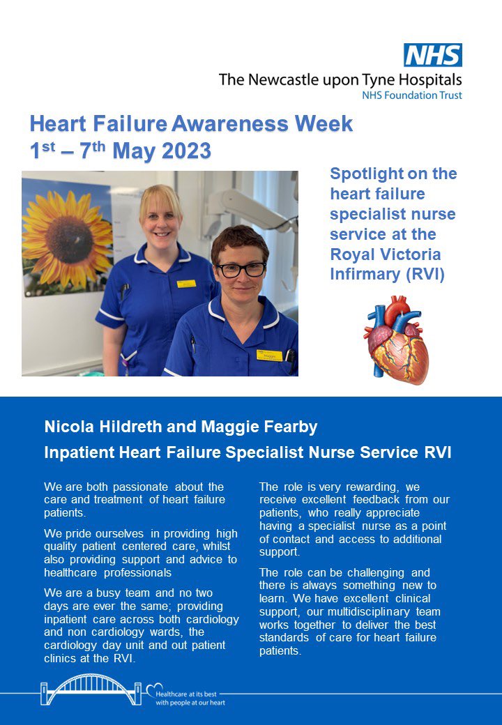 ❤️It’s #HeartFailureAwarenessWeek so we’re introducing some of the team. Nicola & Maggie run the RVI’s inpatient heart failure specialist nurse service & are passionate about providing high quality patient centered care & support to healthcare professionals. ➡️Alt text 4 more👀