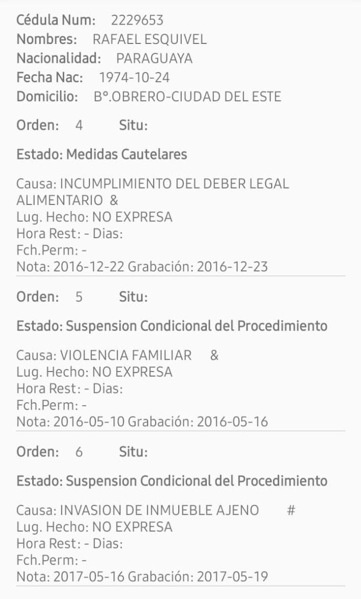 bachinunezpy's tweet photo. Mi voto será por el rechazo al Juramento de Rafael Esquivel “Mbururu” de este personaje violento , abusador infantil , maltratador de mujeres, invasor de propiedades privadas ,que además no cumple con pensión alimentaria y probable homicida https://t.co/NQPOwtDBNN