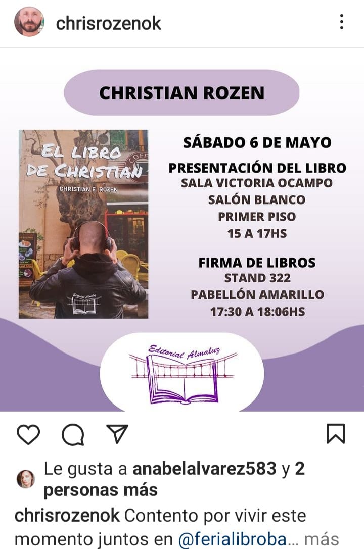 LOS ESPERAMOS EL SABADO EN LA FERIA DEL LIBRO GRACIAS X ACOMPAÑAR A CHRISTIAN!!