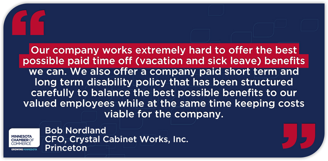 MN_Chamber's tweet photo. Many businesses, including 80% of Minnesota Chamber members, offer some sort of paid leave. The one-size-fits-all approach in HF 2 doesn’t give employers and employees the flexibility to find a leave solution that works for the employer and the employee. #mnleg https://t.co/EPjRzmM1st