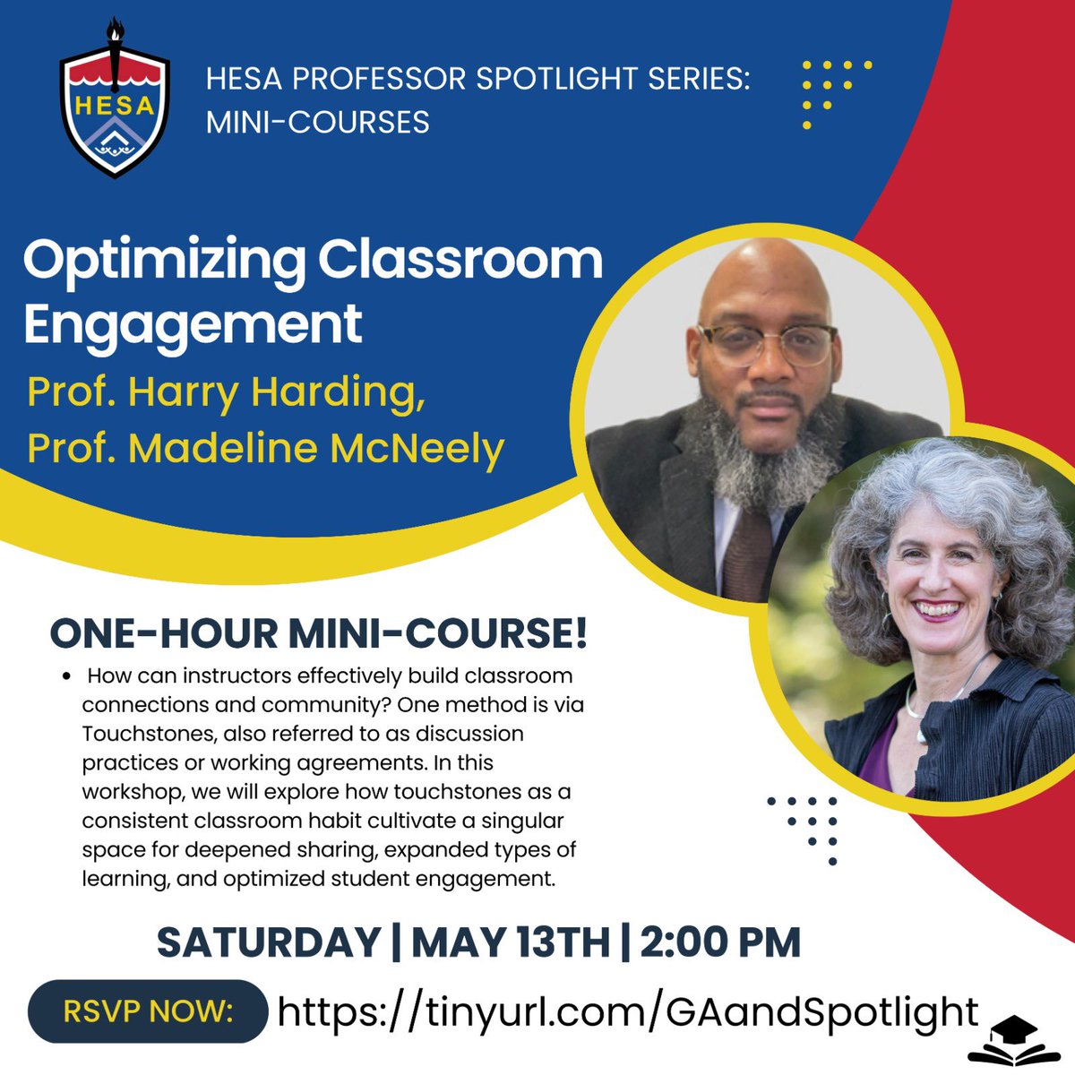 •Free #event &amp; open to all (don’t have to be a student or Harvard affiliate to join)
•Learn to enhance your teaching skills 
•Improve #classroom engagement
•Saturday, May 13th at 2:00 PM ET 
•Register: tinyurl.com/GAandSpotlight

Learn how to optimize classroom engagement with