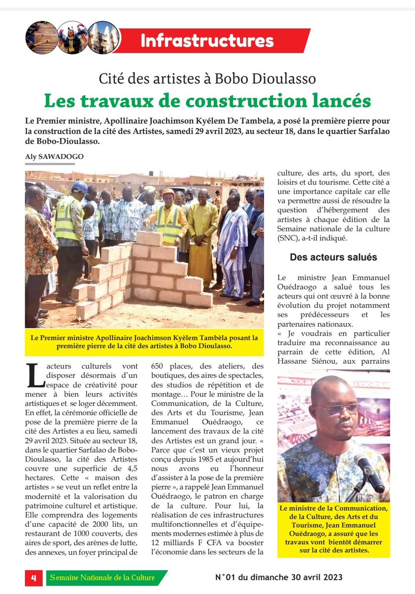 Issouf_A_Ouedra's tweet photo. Parmis les activités les plus #importantes de la  #SNC qui se tient actu a #BOBO Dioulasso. Il y'a le lancement des travaux🚧 de construction de la #cité des #artistes: +4,5 hectares propice aux logements, à la #créativité et à l'#art. 

Bon vent au projet. 🙏🏽 https://t.co/X8sk8VbRuE