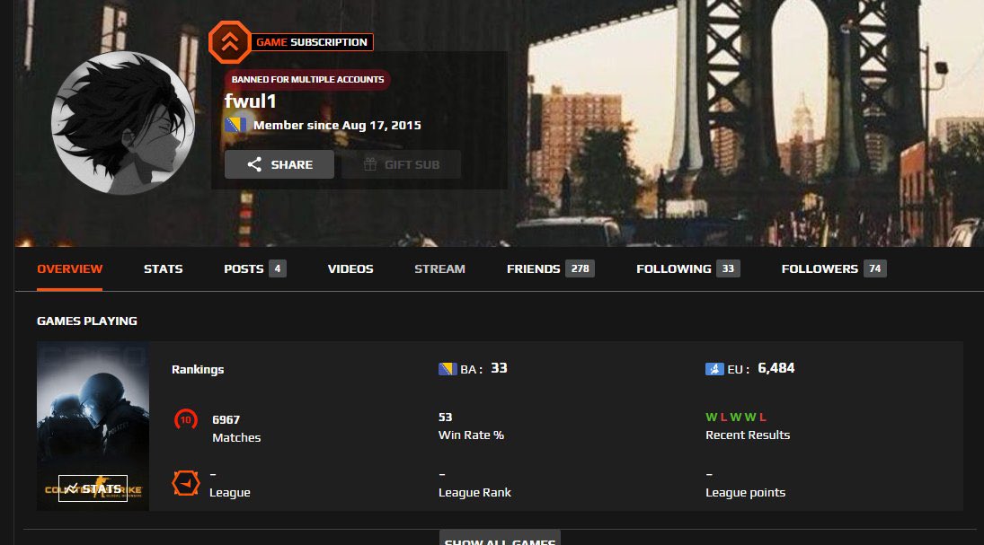 HAHA!!
So literally I got banned for multiple account on <a href="/FACEIT/">FACEIT</a> <a href="/FACEITSupport/">FACEIT Community Support</a> 
I have 7000 games on FACEIT, 13,000 hours, I have a twin brother @awksxje, his FACEIT account is “awks” and I’ve been playing from his PC cause I sold mine, and till I buy one I’m using his.
PleaseRT