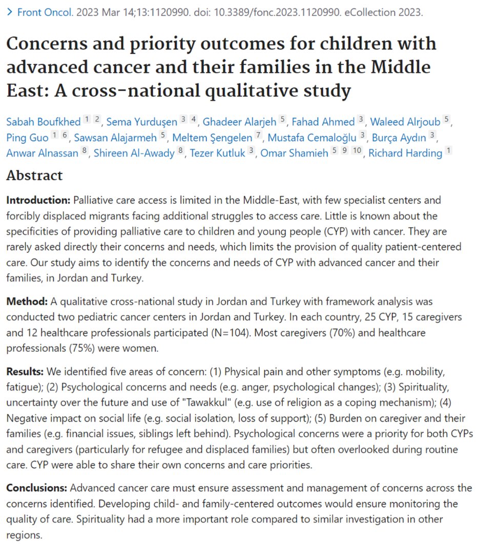 Dr Sabah Boufkhed #CeaseFireNOW (@sabahboufkhed) on Twitter photo 📚What matters the most to children with advanced #cancer, esp. in the Middle East? What are children's & parents' #palliativecare concerns?
👉tinyurl.com/2s4fc8y7 <a href="/FrontiersIn/">Frontiers</a>
With S. Yurduşen <a href="/GAlarjeh/">GM</a> <a href="/drfahadahmed/">FAHAD AHMED</a> W. Alrjoub <a href="/RHardingCSI/">RichardHarding</a> <a href="/mtkutluk/">Tezer Kutluk</a> & al. we found that...🧵 📚What matters the most to children with advanced #cancer, esp. in the Middle East? What are children's & parents' #palliativecare concerns?
👉tinyurl.com/2s4fc8y7 <a href="/FrontiersIn/">Frontiers</a>
With S. Yurduşen <a href="/GAlarjeh/">GM</a> <a href="/drfahadahmed/">FAHAD AHMED</a> W. Alrjoub <a href="/RHardingCSI/">RichardHarding</a> <a href="/mtkutluk/">Tezer Kutluk</a> & al. we found that...🧵
