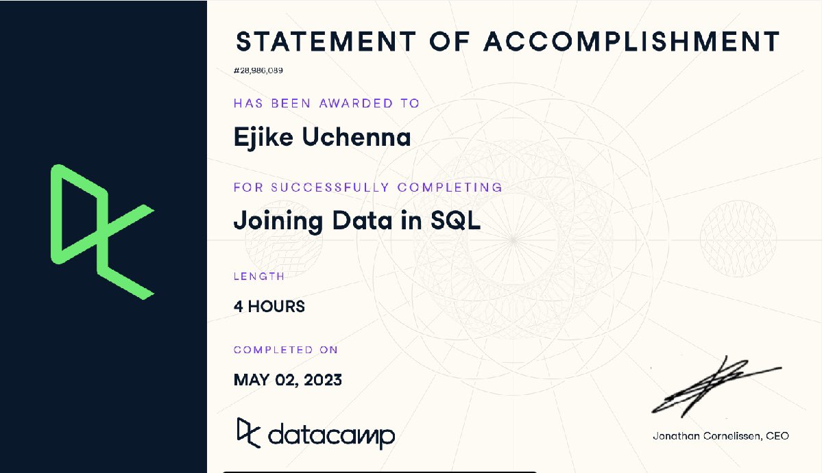 iam_Uchenna's tweet image. Day 2 of SQL May challenge 

I Just completed the @DataCamp course on &apos;Joining Data in SQL&apos; and I&apos;m excited to apply my new skills to real-world data problems.

#31DaysofSQL #SQLMay