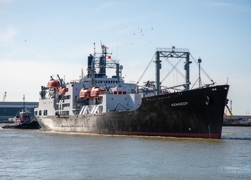 TAMU's tweet photo. The @TexasMaritime Academy is receiving a new training ship, a 540-foot state-of-the-art vessel! 

The TS Kennedy will enhance year-round training for @AggiesByTheSea in ship navigation &amp; marine engineering systems, maintenance, safety, &amp; security. https://t.co/ZFoDwPGKfK https://t.co/NjQSlUZunA