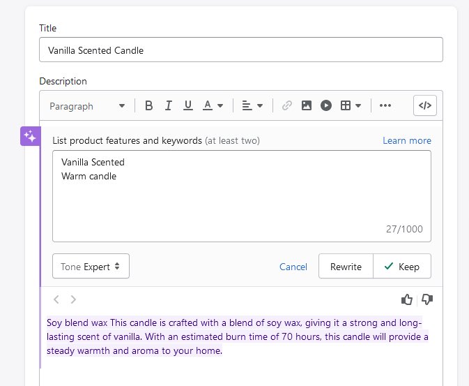 gokhanbariskan's tweet photo. Shopify ürün description alanlarına AI editör eklemiş. Keywordleri giriyorsunuz çat diye ürün içeriğini yazıyor. AI içeriğin bu kadar kolay ulaşılabilir olması uzun vadede human-generated içeriği çok daha kıymetli hale getirecek bence.
#shopifymagic #shopify #SEO https://t.co/X7WNw6VmnA