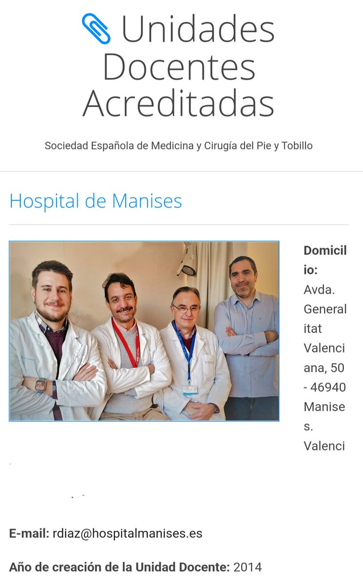 La SEMCPT ha renovado la certificación como Unidad Docente Acreditada de Cirugía Ortopédica y Traumatología de Pie y Tobillo al Hospital de Manises . Si estás interesado en rotar con nosotros, puedes optar a una de las becas que ofrece sociedad. Consulta las condiciones en la web