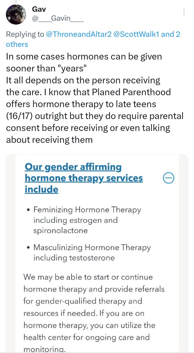 ____Gavin____'s tweet photo. @shreemism @Capitalistbro @CNN In some circumstances it can be shorter bit this is usually because it is a life or death situation. 
I know planned Parenthood offers hormone replacement therapy that you can get almost right away but that is restricted to late teens (16/17) with parental consent. https://t.co/CGMjiwAgyB