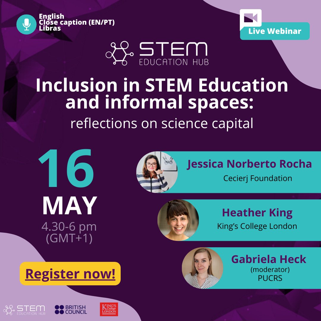 Join our Round Table on Inclusion in #STEM education and informal spaces: reflections on science capital
📅16th May 
⏲️4:30 pm (GMT+1)
📍Online
👉Register now: tinyurl.com/3j3x5f84

@KingsCollegeLon @KingsBrazil @STEMEduHub @brBritish @BritishCouncil #sciencecapital #inclusion