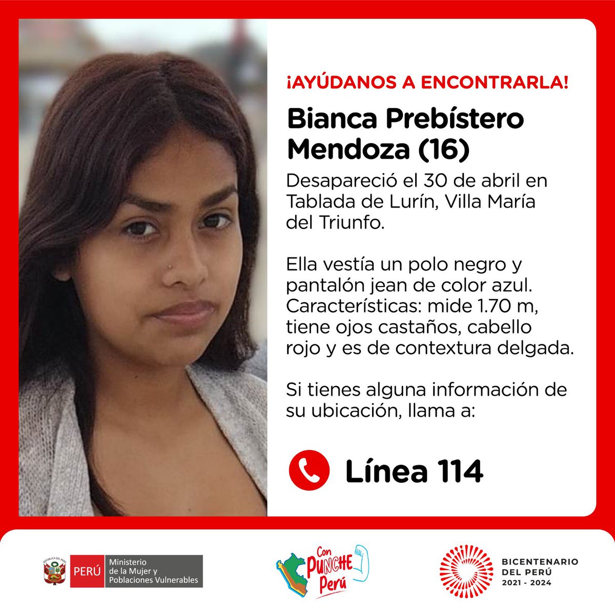MimpPeru's tweet photo. 🚨¡Ayúdanos a encontrarla! Bianca Prebístero Mendoza (16) desapareció el 30 de abril en Tablada de Lurín, Villa María del Triunfo. Ella vestía un polo negro y pantalón jean de color azul. Si tienes alguna información de su ubicación, llama a la ☎️ #Línea114. https://t.co/QeP9QOIUzm