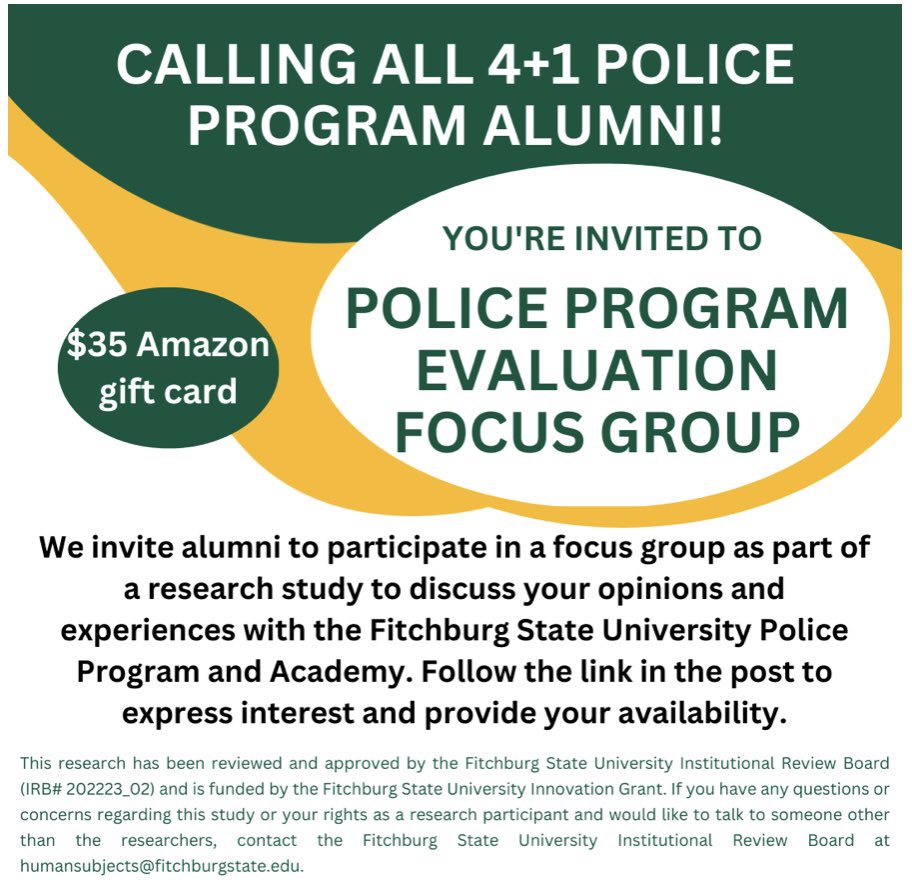 StateFitchburg's tweet photo. We invite 4+1 alumni to participate in a focus group to discuss your experiences with the police program. 
 
To express your interest in participating, please follow this link: https://t.co/XnbCCKa8oI
 
Participants in this study must be alumni of Fitchburg State Police Program. https://t.co/3is1wKSJS6