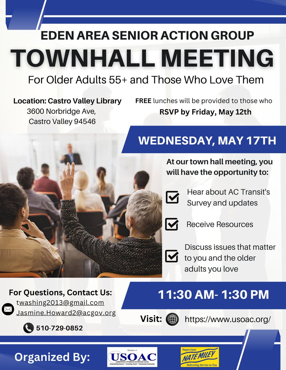 Don't miss this informative Eden Area Senior Action Group Townhall Meeting for Seniors on Wednesday, May 17 11:30-1:30 in the Castro Valley Library at 3600 Northridge Ave, Castro Valley. RSVP by 4/12 to receive a free lunch.