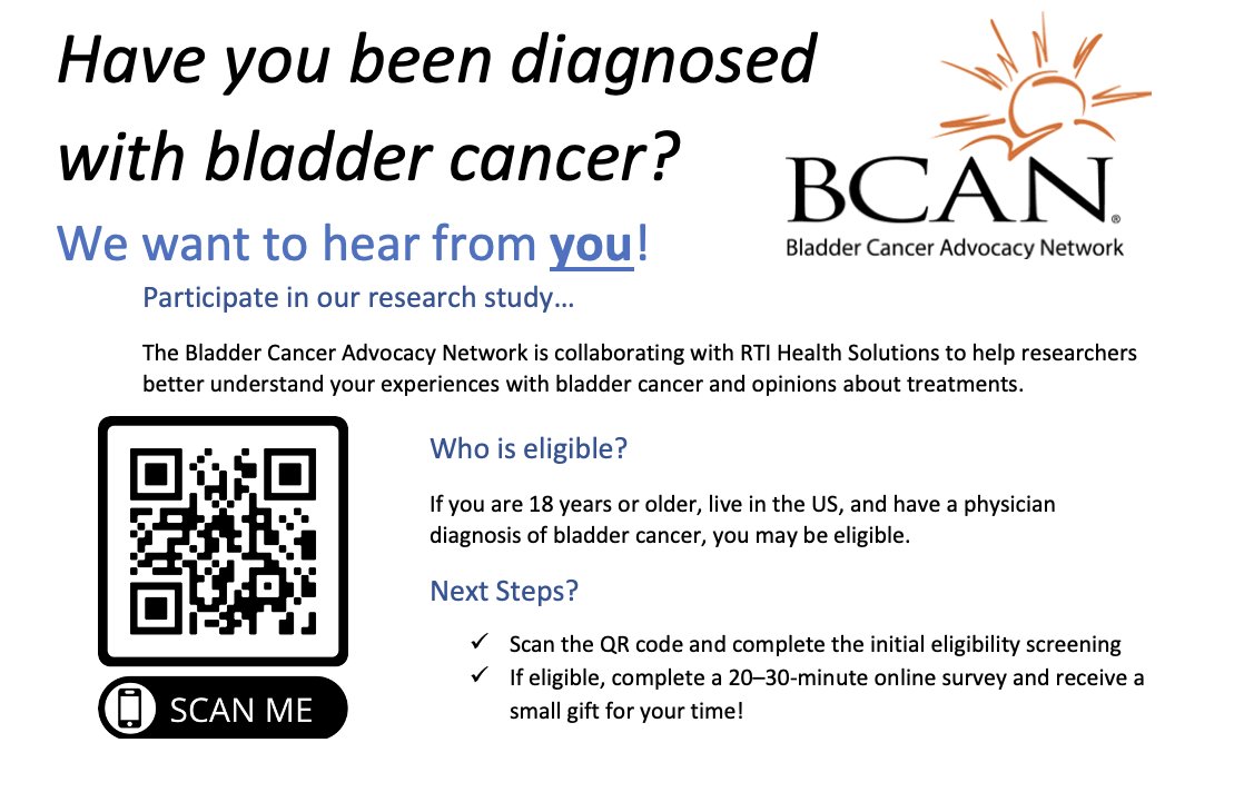 Angie Smith (@angiesmith_uro) on Twitter photo May is #bladdercancer awareness month & <a href="/BladderCancerUS/">Bladder Cancer Advocacy Network</a> is partnering w/ <a href="/RTI_Intl/">RTI International</a> to better understand patient experiences w/ treatment decision-making
Please share the QR code below w/ patients- 20-30min survey developed w/ *patient input* + comp for their time! #blcsm May is #bladdercancer awareness month & <a href="/BladderCancerUS/">Bladder Cancer Advocacy Network</a> is partnering w/ <a href="/RTI_Intl/">RTI International</a> to better understand patient experiences w/ treatment decision-making
Please share the QR code below w/ patients- 20-30min survey developed w/ *patient input* + comp for their time! #blcsm