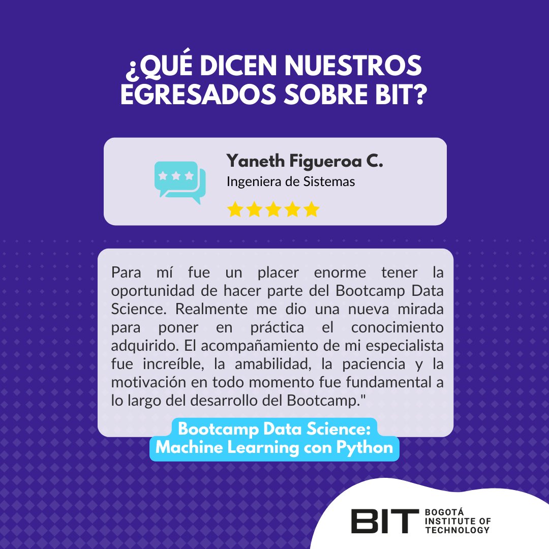 bit_institute's tweet photo. 🙋‍♀️💻 Tal y como #YanethFigueroa, tu también puedes convertirte en Científic@ de Datos con nuestro Bootcamp #DataScience y poner en práctica tus conocimientos.

📲 3023349919 
💻 https://t.co/qVB6TMJghp

#BITInstitute #Bogota #Developer #Programacion #Python #CursosDeProgramacion https://t.co/3RUT1uS6mi