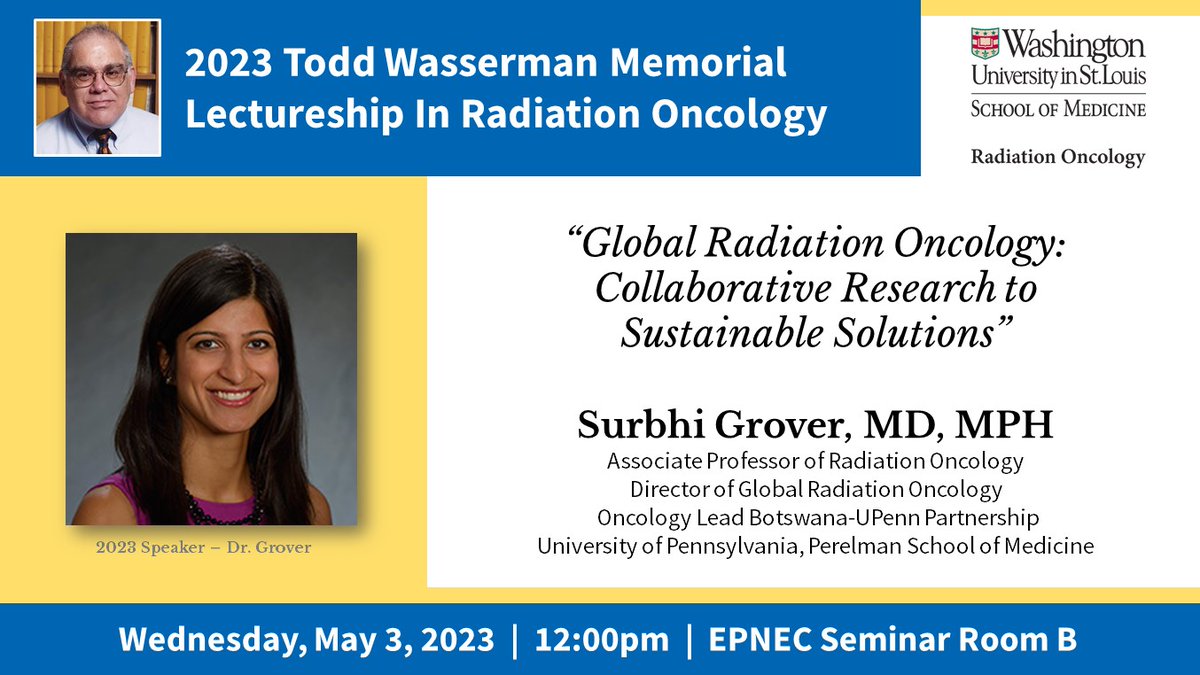 We are excited to welcome Dr. Surbhi Grover as our esteemed speaker for the Todd Wasserman Memorial Lectureship in #radonc. Dr. Grover helps address the global cancer burden thru public health endeavors &amp; cost-effective clinical initiatives in developing countries, esp Botswana.