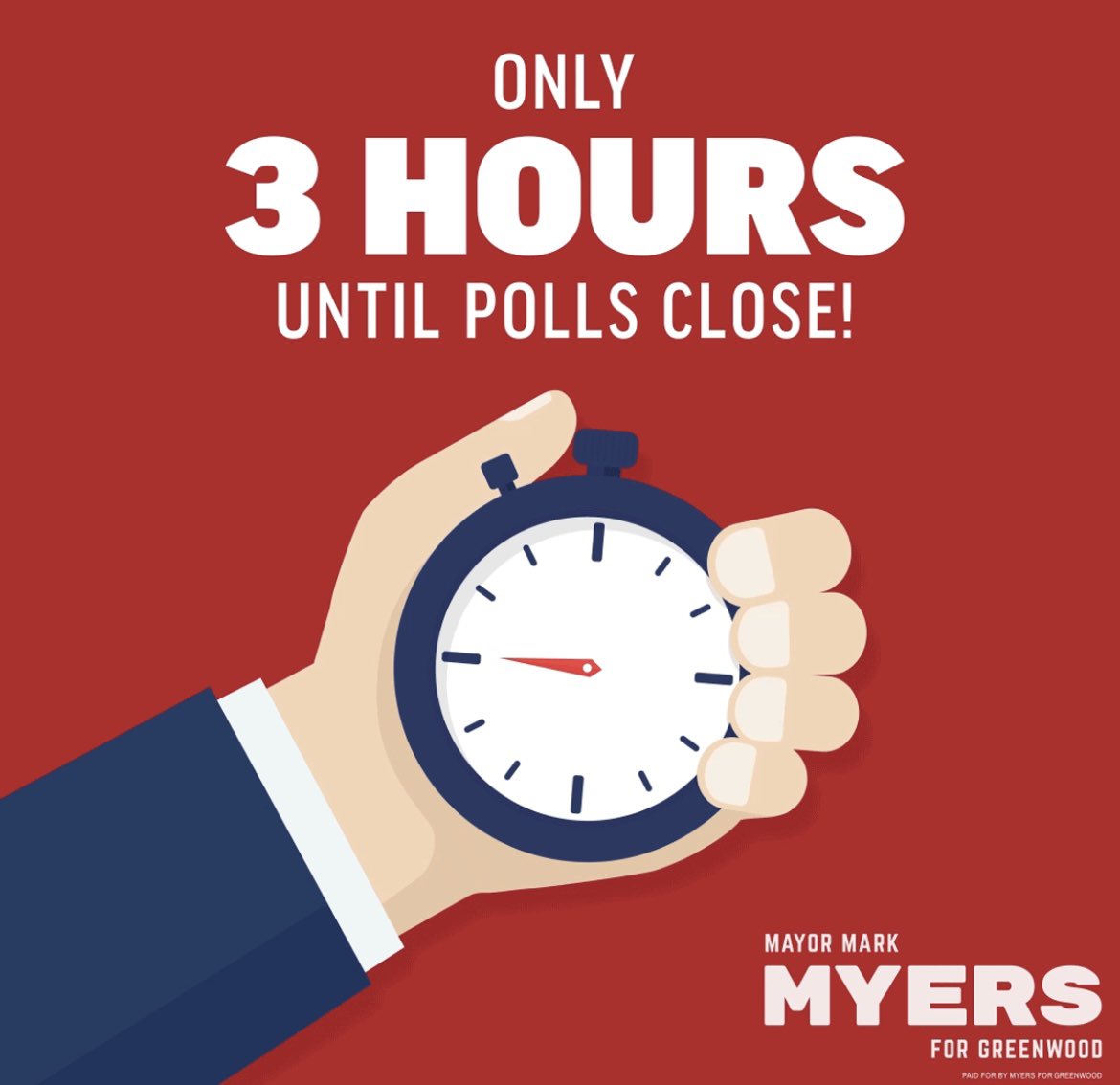Polls close in 3 hours. Be sure to get out and vote for Mark Myers before 6:00 p.m!
