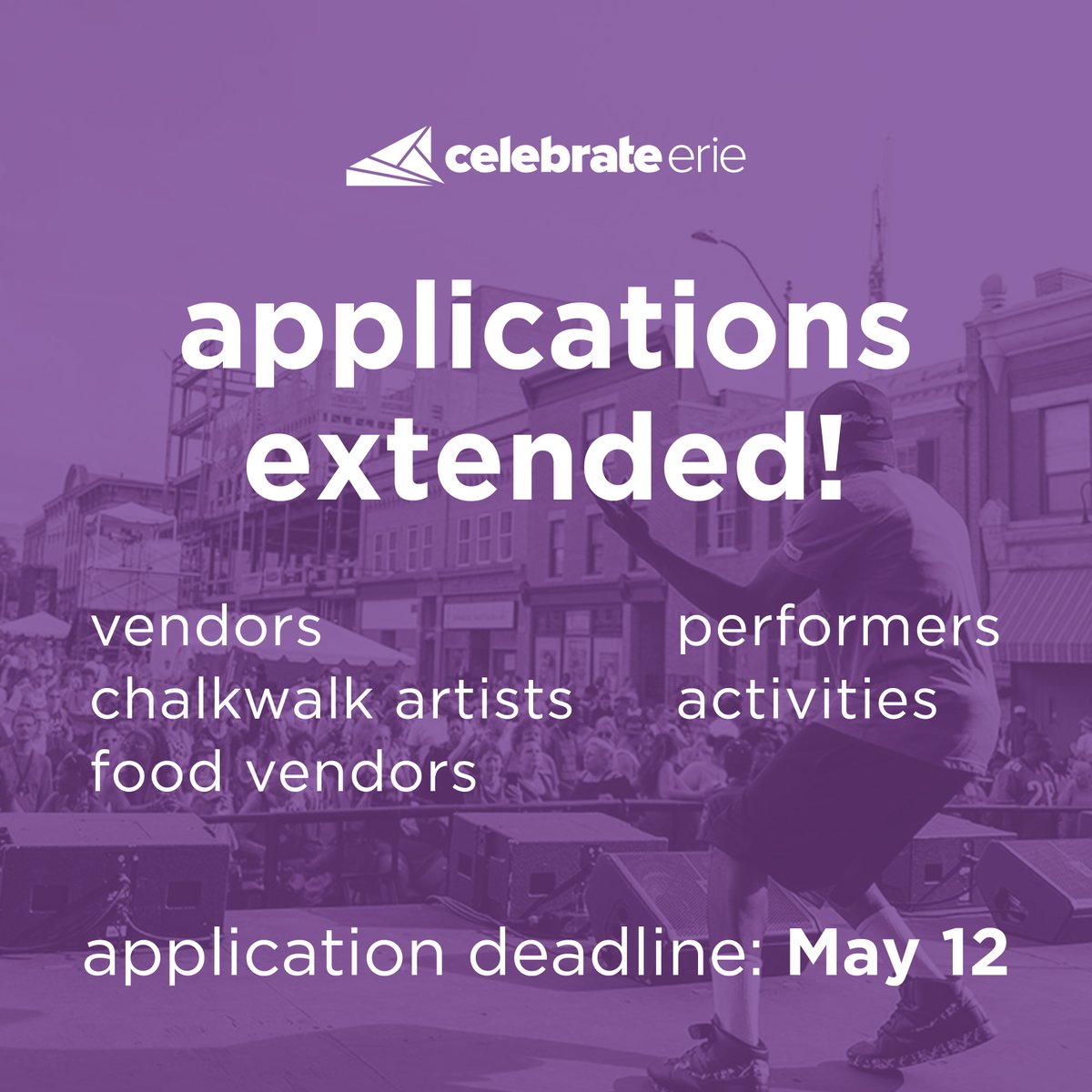Didn't get a chance to apply? 💬

The CelebrateErie application deadline has been extended through May 12 for vendors, chalkwalk artists, food vendors, performers, and activities. 

Apply now: celebrateerie.com/apply/