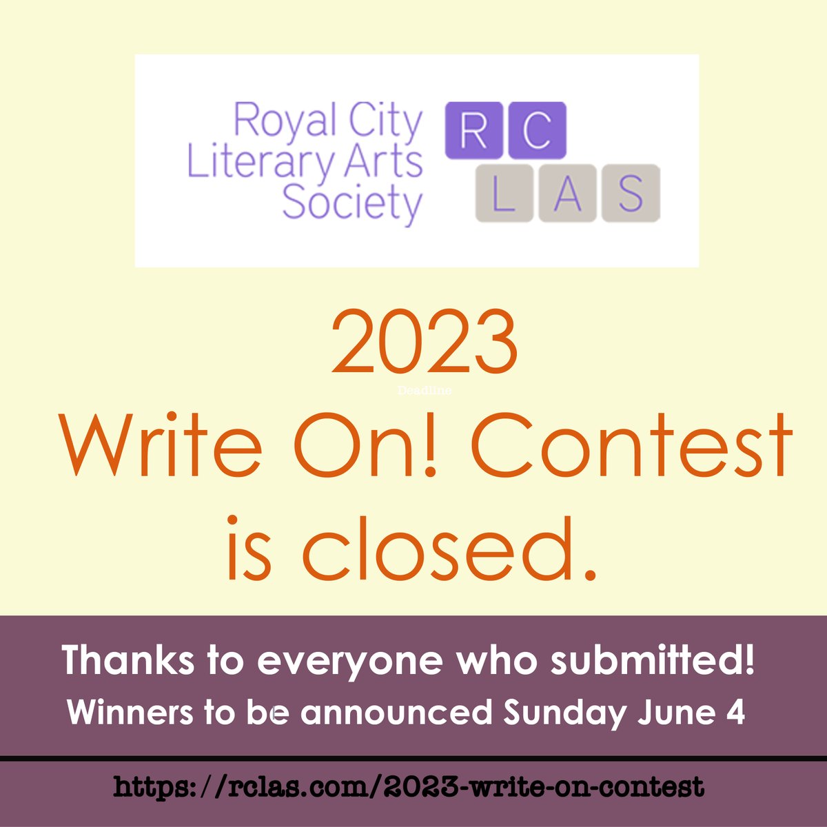 rclas_com's tweet photo. Our 11th Annual Write on! Contest is officially closed.
Thank you to everyone who submitted. The judges have been sent all the submissions.
#RCLAS #WriteonContest #ArtsNW #Writing https://t.co/PFTtzrLQJh
