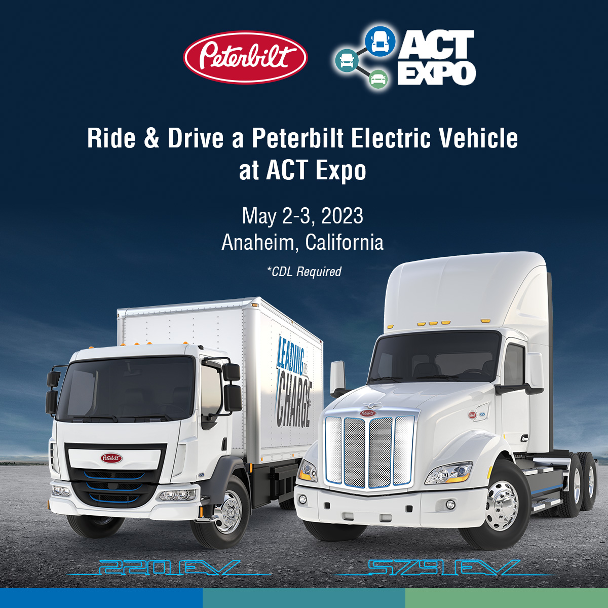 PeterbiltMotors's tweet photo. Ride and drive Peterbilt’s Model 220EV and Model 579EV during ACT Expo to experience the overall performance as well as the quiet and smooth handling of Peterbilt’s electric vehicles. CDL Required. #PeterbiltPride #PeterbiltEV https://t.co/OIczKGDWGg