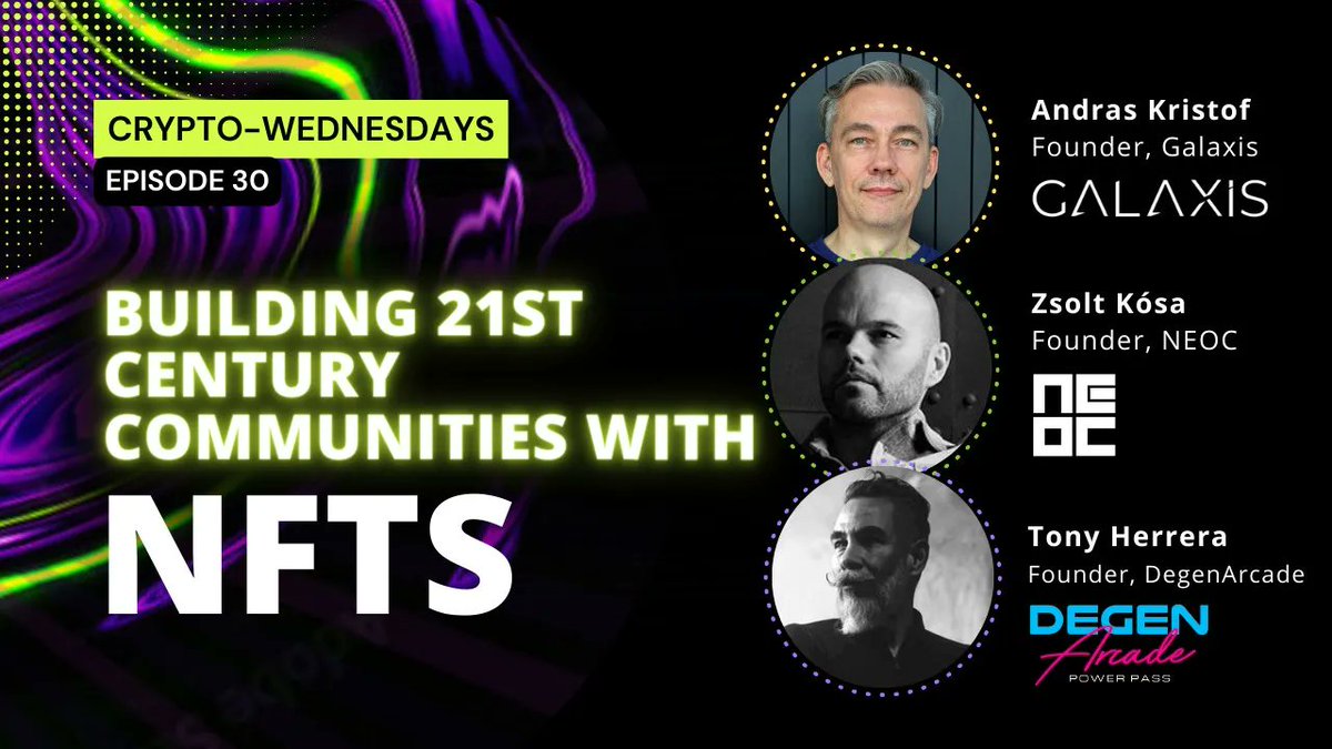 👉  Crypto-Wednesdays by <a href="/GordonEinstein/">Gordon Einstein</a> 
🤩 Join us talking about Building 21st Century #Communities with #NFTs 
🚀 Speakers: <a href="/GalaxisKmb/">KMB Galaxis</a>, <a href="/Zsoltkosa/">Zsolt Kosa</a> and <a href="/tonyherrera/">Non-FungibleTony (NFT)</a> 
👉 buff.ly/3Vnzsdi