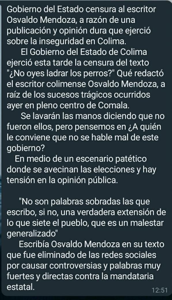ColimaAlMonento's tweet photo. ¿ Que oculta la Gobernadora? o mejor dicho, a que le teme que esta mandando censurar todo medio o persona que se exprese de la manera correcta en contra de su administración que ya todos sabemos esta peor cada día más. #EstabamosMasSegurosConNachoPeralta. https://t.co/JgDjlXyGf4 https://t.co/v0AHtxkDz6