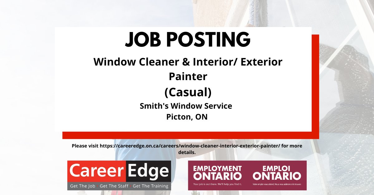 Smith's Window Service is looking for a Casual Window Cleaner/ Interior and Exterior Painter to join their team.
Consider this posting today!
For more information please see the link below:
careeredge.on.ca/.../window-cle…
#CareerEdge #gettheedge #getthejob #getthestaff
#getthetraining