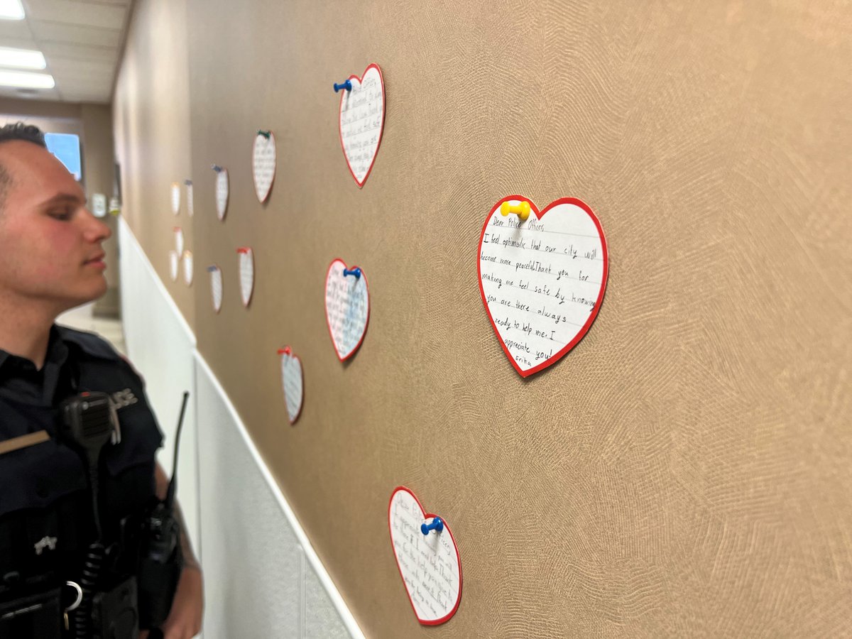 Our District 3 members recently received several handwritten notes of encouragement from students at St. Luke Elementary School. These notes are currently hung up outside our lunch room for officers to have a chance to read them and smile. <a href="/CalgaryPolice/">Calgary Police</a> #yyc