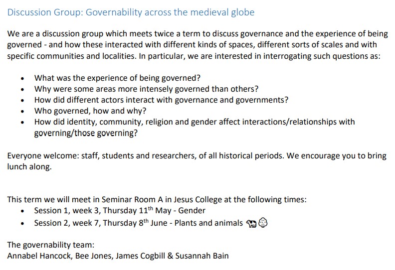 The Governability Across the Medieval Globe discussion group is back to talk about gender, plants, and animals!

🗓️ 11 May and 8 June
📍 Seminar Room A <a href="/JesusOxford/">Jesus College Oxford</a>

<a href="/annabel_hancock/">Annabel Hancock</a> <a href="/medhistbee/">Bee Jones</a> <a href="/susannah_bain/">Susannah Bain</a>