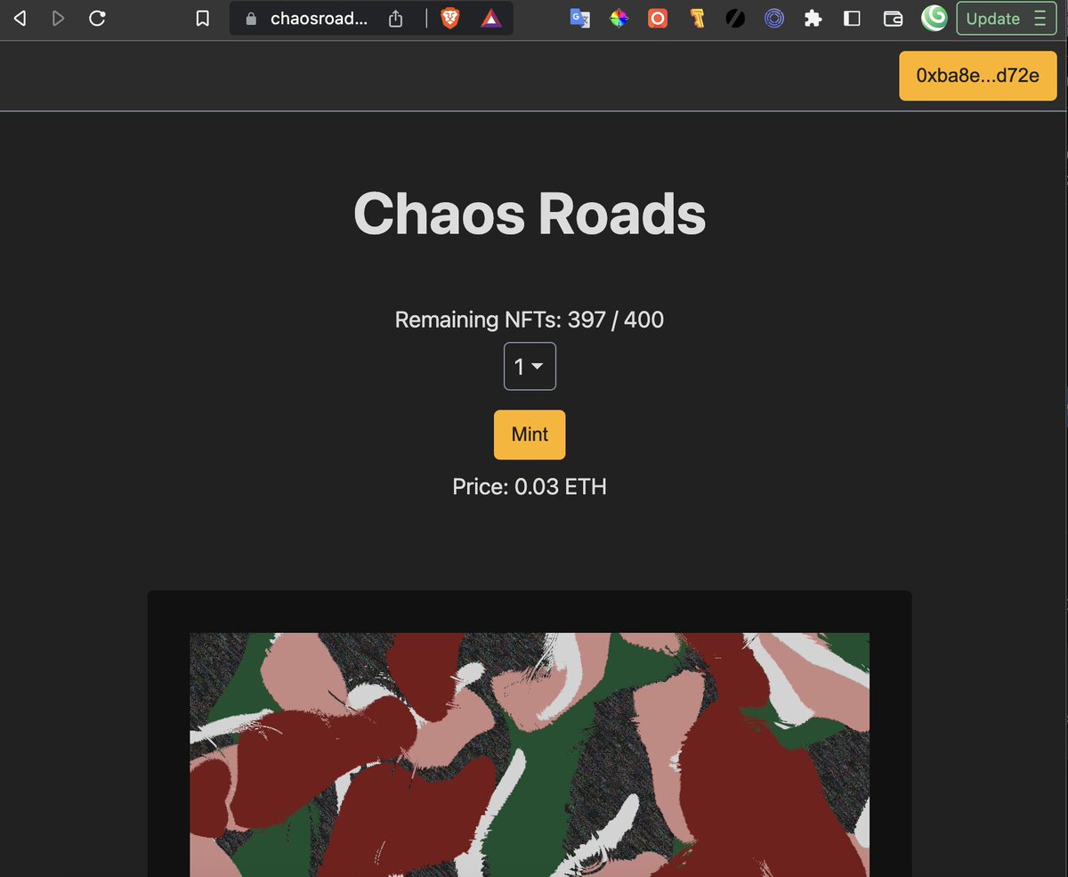 ChainLeftist's tweet photo. CHAOS ROADS MINTSITE is live, and here's surprise #1:
Probably a first: The mintsite is fully onchain.
You can use web3:// link (see next tweet) or use this link:
https://t.co/q5e7fEtJeS
No rush, you have 15 hours and it's under-allocated, so read below ๐ https://t.co/Yn2jBspbbf