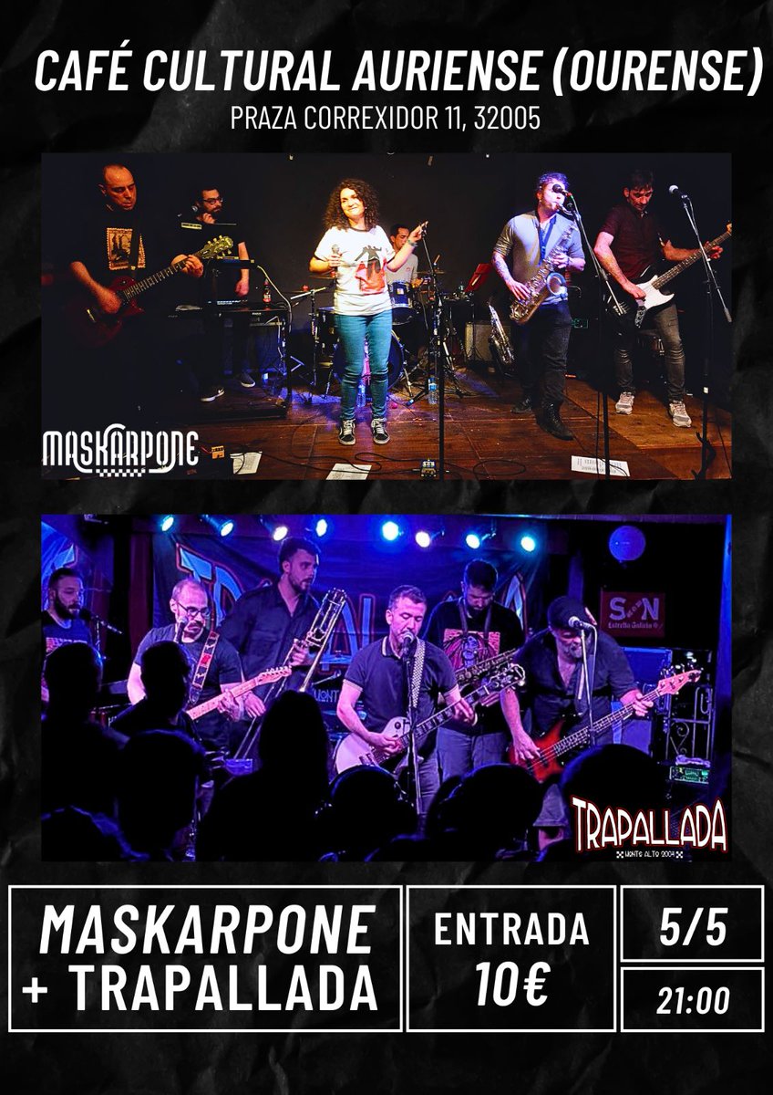 TrapalladaEoe's tweet photo. 📌 Vémonos nos concertos da próxima finde: o venres na @cafeauriense coa boa xente de #Maskarpone e o sábado na festa da @fpdeportivistas despois do partido do Depor!
#TrapalladaEoé #Concertos #NovoDisco #Presentación #Xira2023 #Ourense #Coruña #Ska #Punk #Reggae #Depor 🔵⚪ https://t.co/l3j9MrpEsN