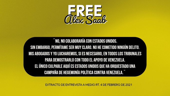 No hay posibilidad, de un juicio justo para Alex Saab en Estados Unidos, porque se trata de un caso politico, solo buscan doblegarlo para que firme una confesión falsa incriminando a Venezuela, la decisión de liberarlo es política #FreeAlexSaab <a href="/POTUS/">President Donald J. Trump</a> <a href="/volker_turk/">Volker Türk</a> <a href="/ONU_derechos/">ONU Derechos Humanos - América del Sur</a>